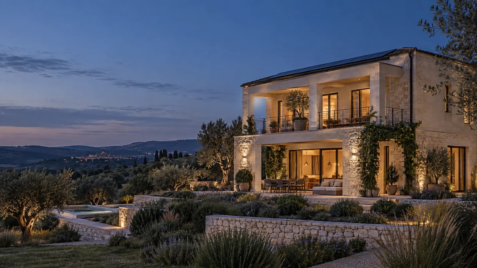 Visual illustrativo di una villa contemporanea al tramonto tra ulivi